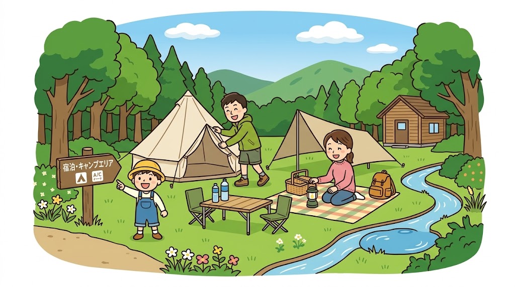 プレイアースパーク富山の豊かな自然の中で、笑顔の家族がキャンプを楽しむイラスト。テントを準備するパパとママ、案内板を指す子どもを描いています。