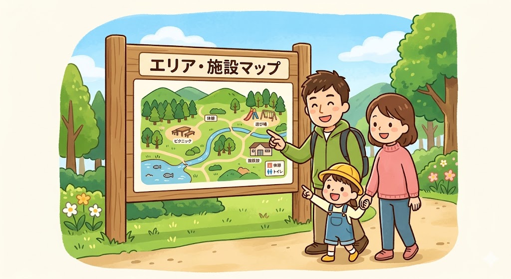 プレイアースパーク富山のエリアマップを見ながら、豊かな自然の中で遊ぶ笑顔の家族（パパ、ママ、子ども）を描いた親しみやすいイラストです。