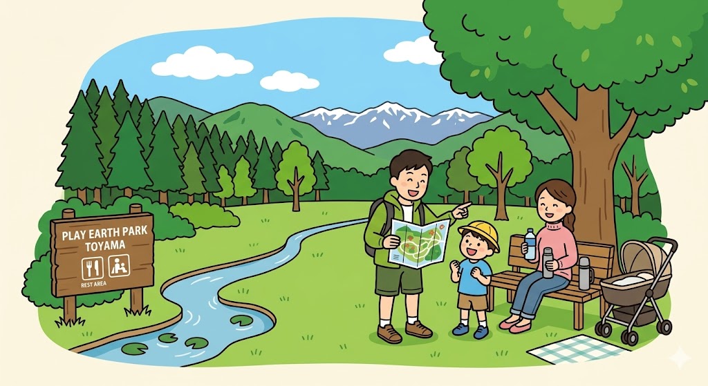 プレイアースパーク富山の自然の中で、地図を見るパパと子ども、ベンチで休憩するママの笑顔あふれる家族のイラスト。