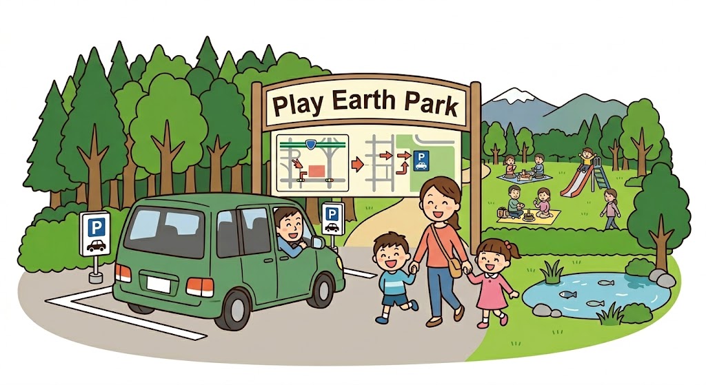 プレイアースパーク富山の駐車場に到着した笑顔の家族のイラスト。緑豊かな自然の中で楽しく遊ぶ子どもたちやピクニックの様子も描かれています。