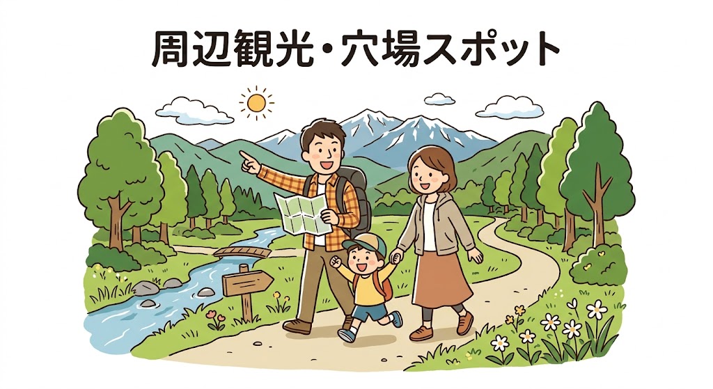 プレイアースパーク富山周辺の自然豊かな穴場スポットを、地図を見ながら楽しく観光する家族連れのイラスト